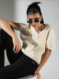 Women's Pleated Cream V-Neck Structured Top