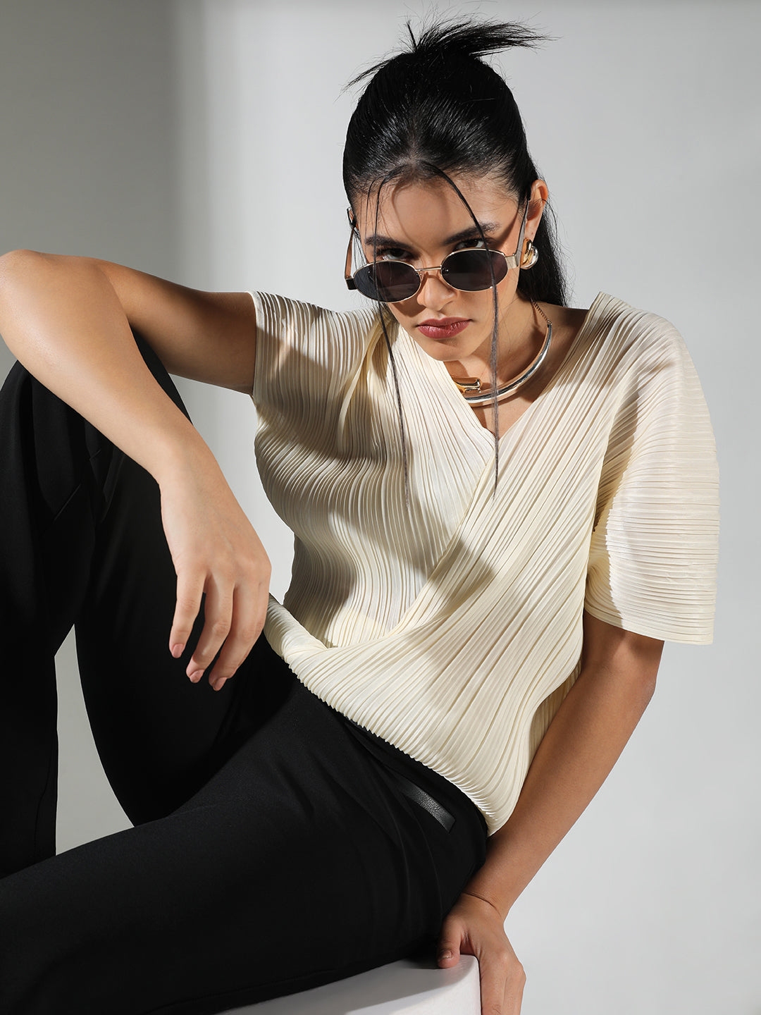 Women's Pleated Cream V-Neck Structured Top