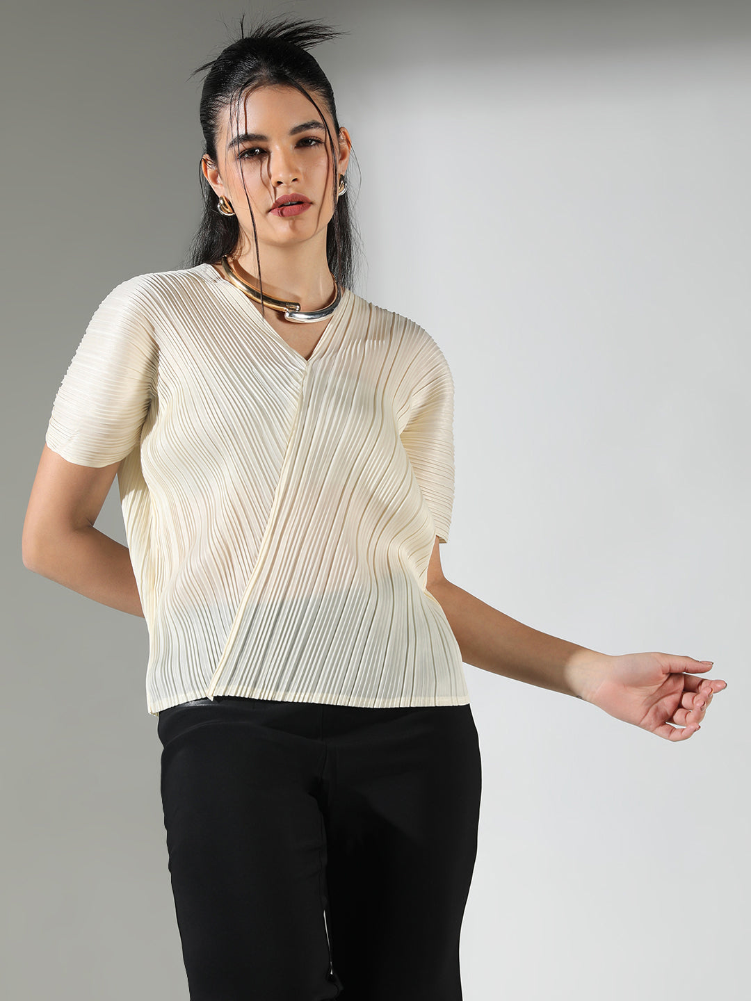 Women's Pleated Cream V-Neck Structured Top