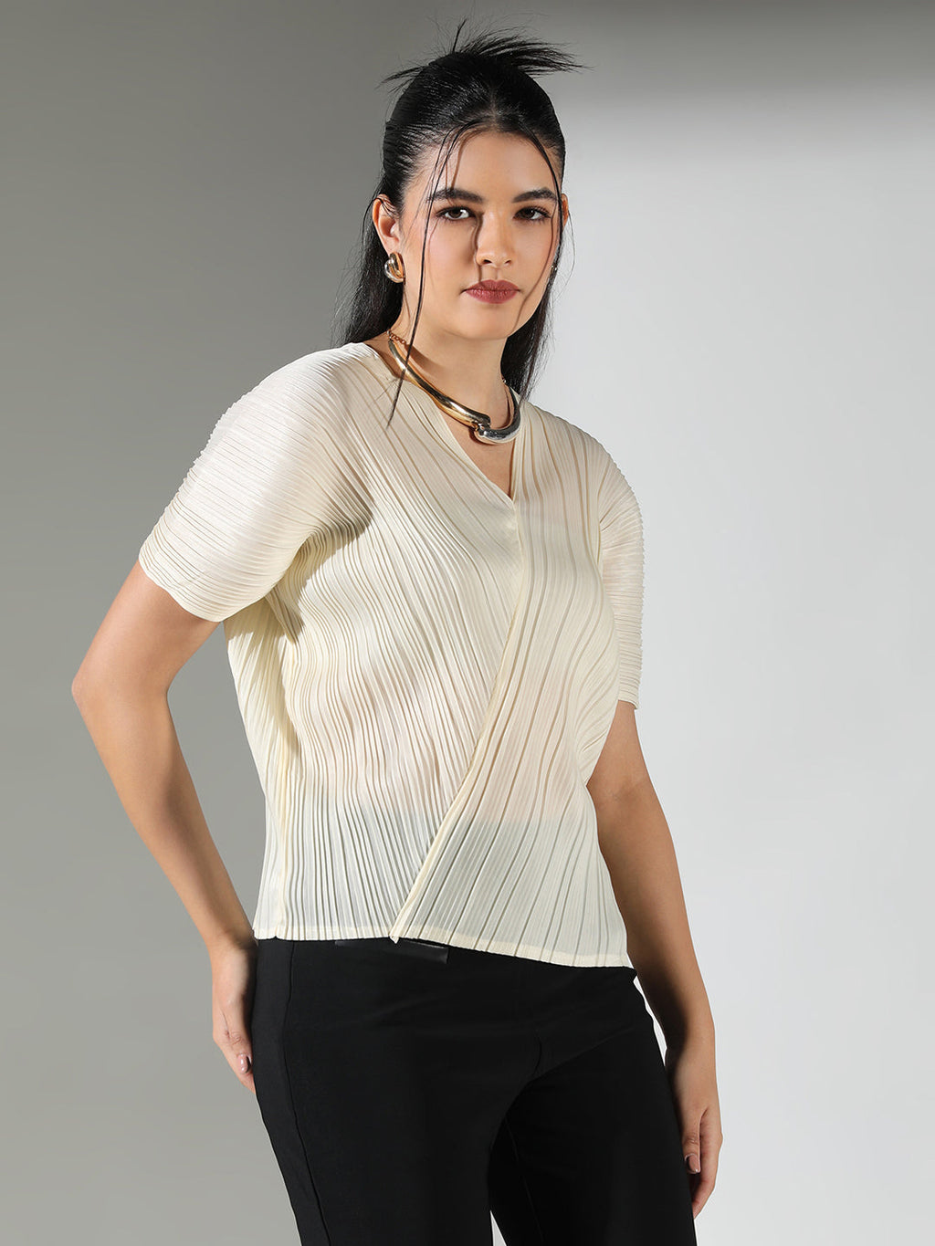 Women's Pleated Cream V-Neck Structured Top