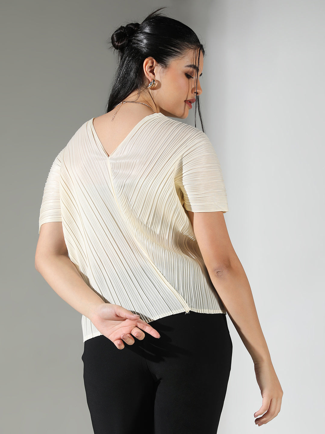 Women's Pleated Cream V-Neck Structured Top