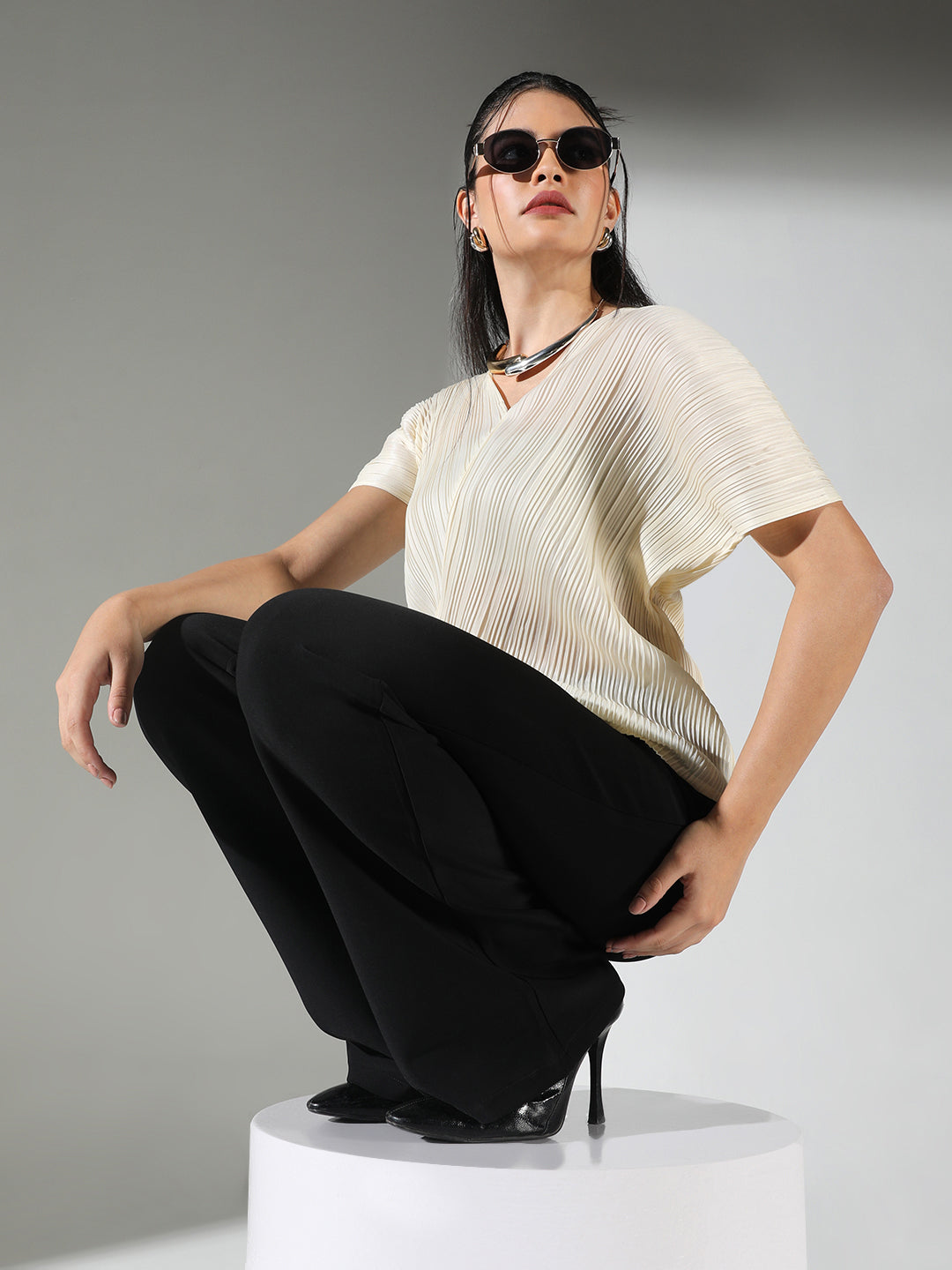 Women's Pleated Cream V-Neck Structured Top