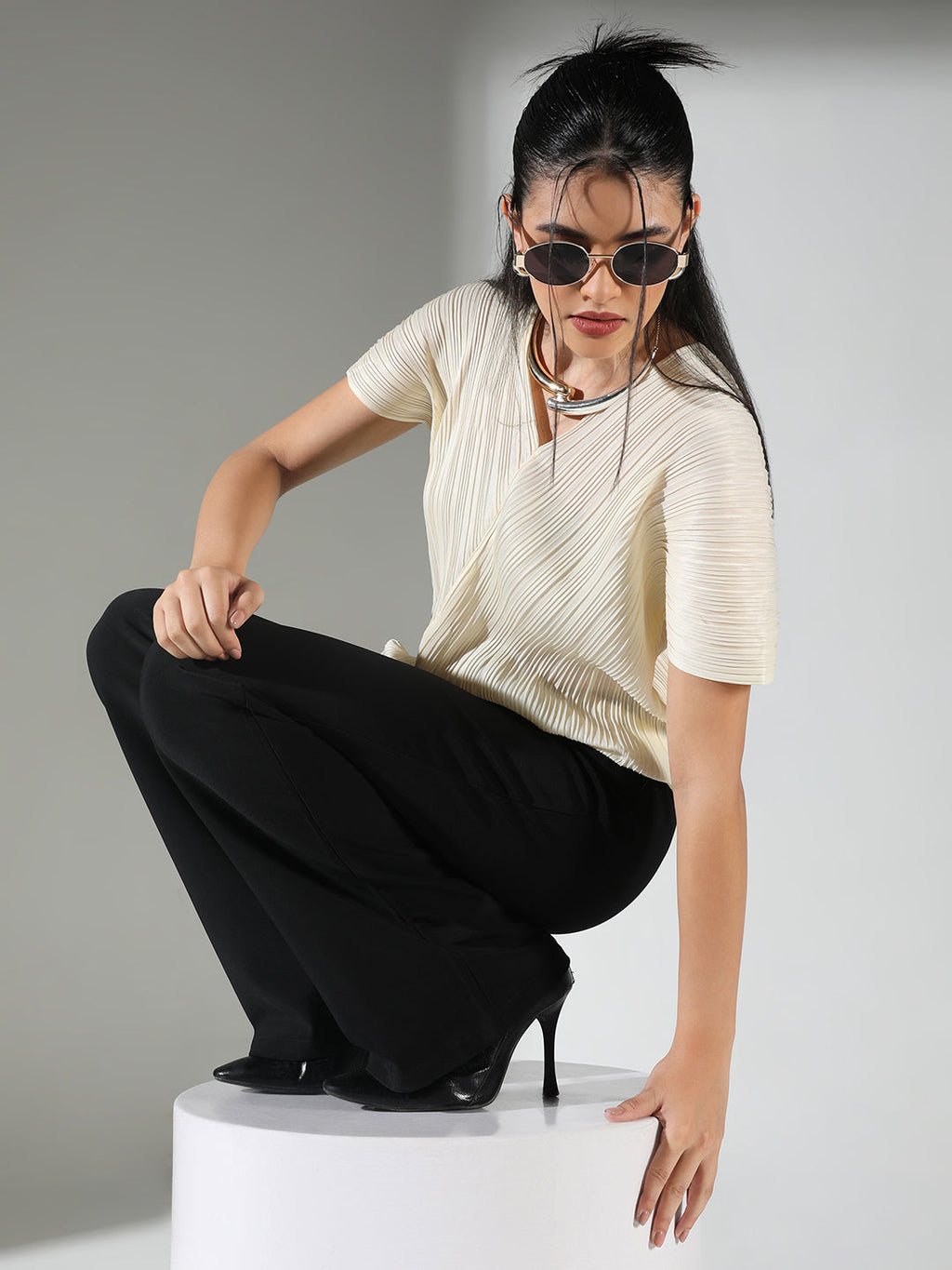 Women's Pleated Cream V-Neck Structured Top