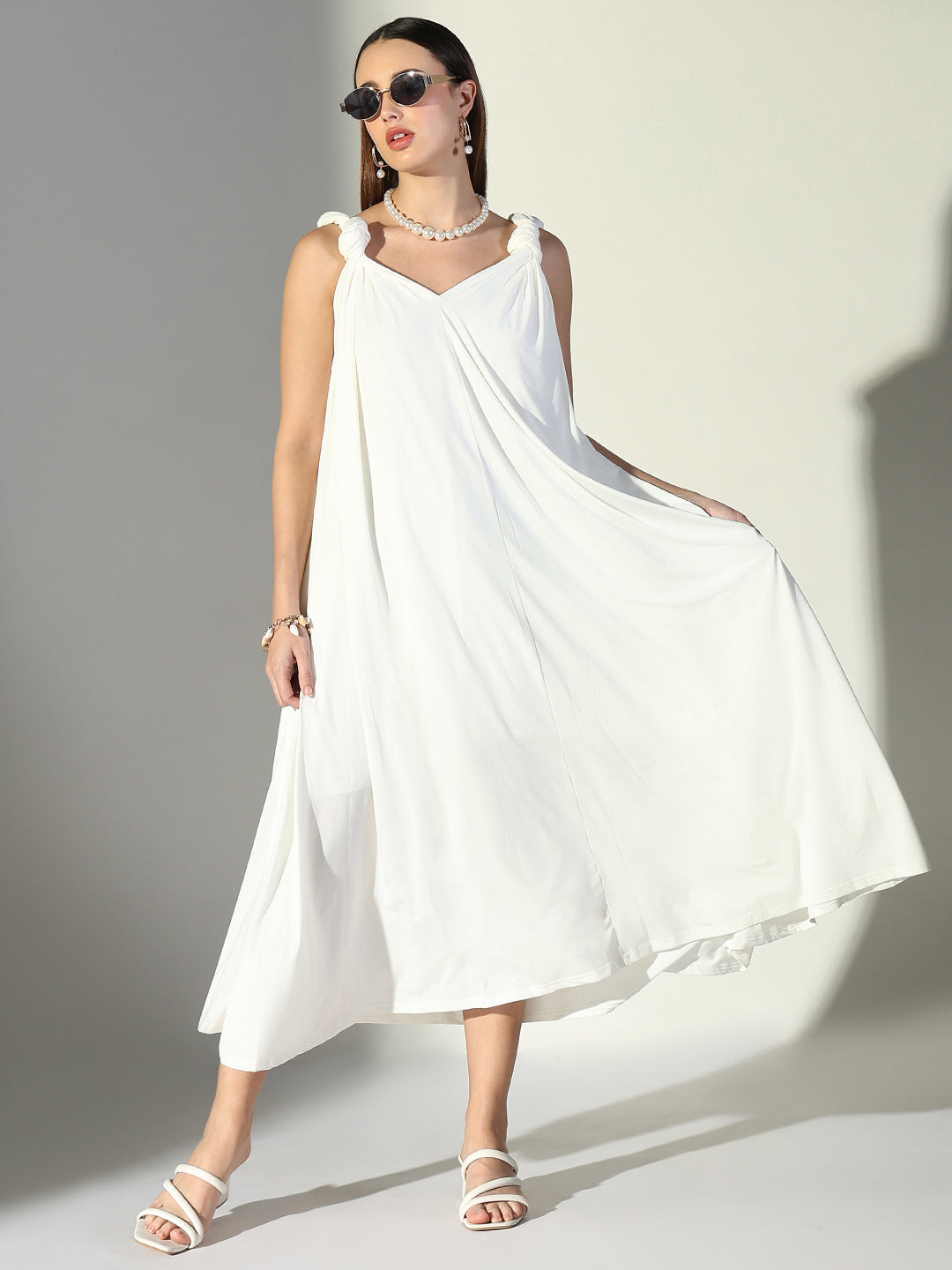 Women's White Knot Strap V-Neck A-Line Midi Dress