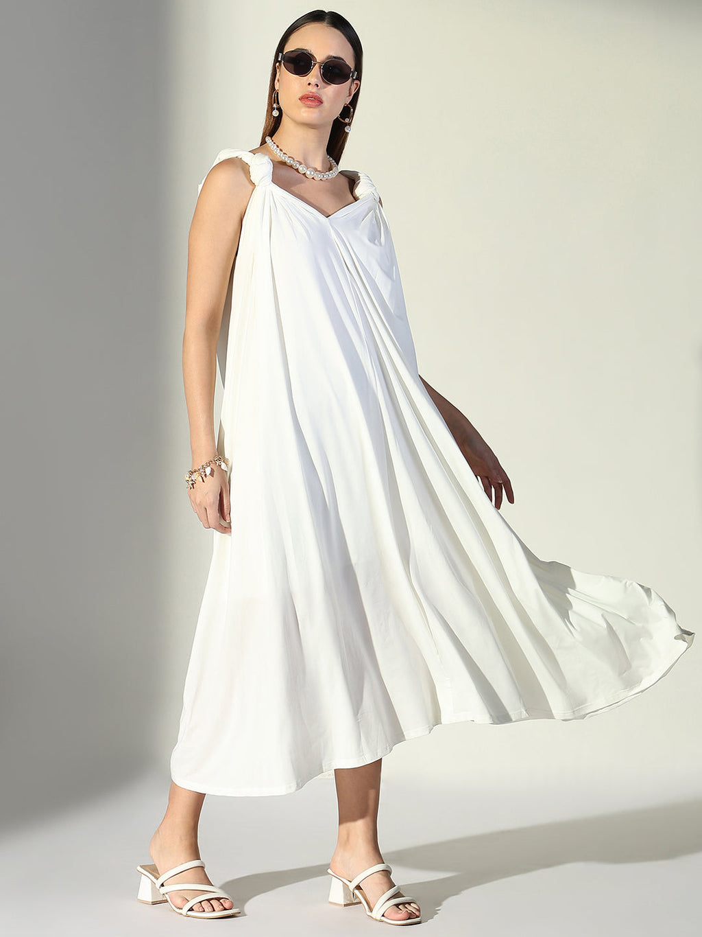 Women's White Knot Strap V-Neck A-Line Midi Dress