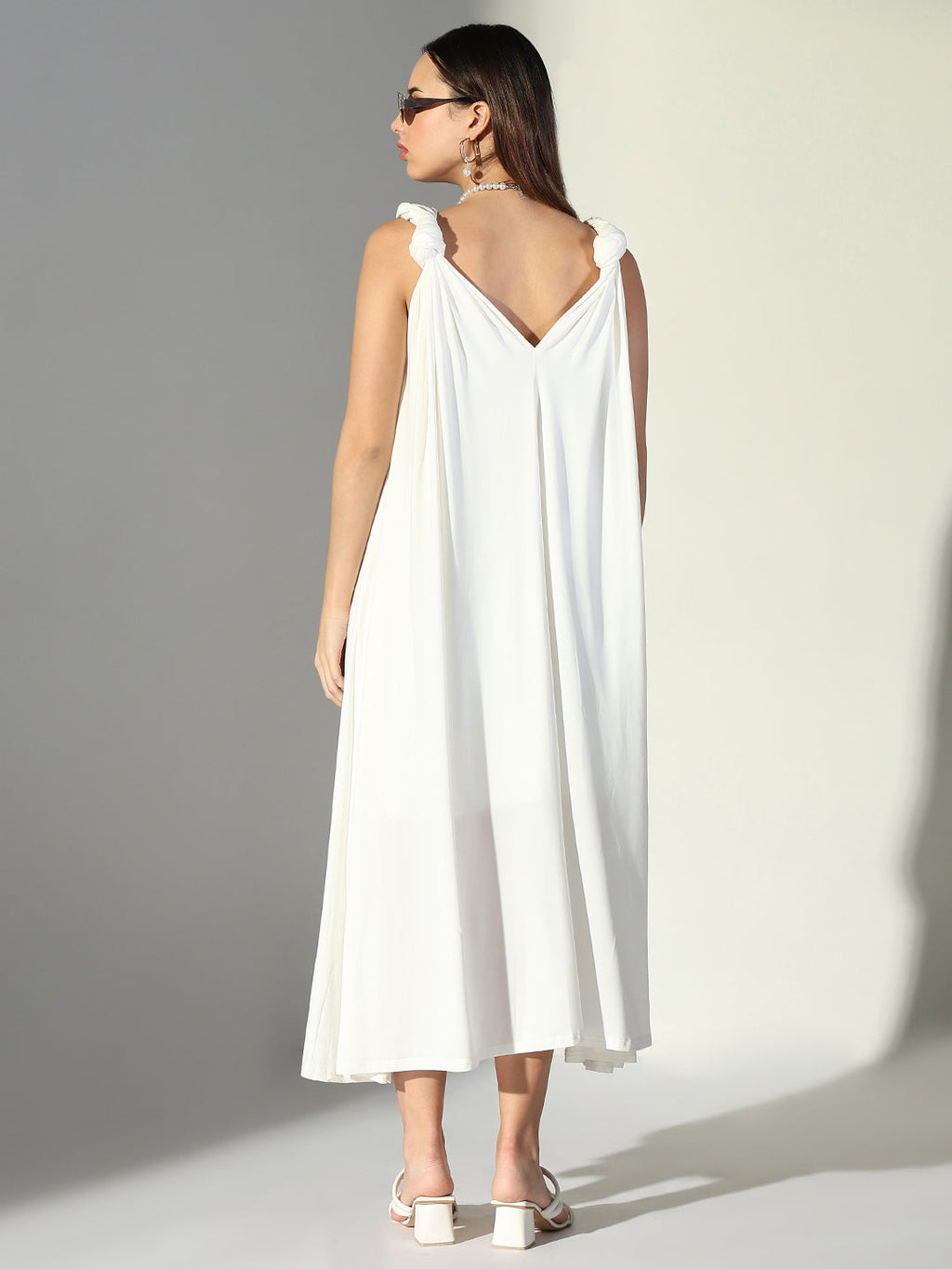 Women's White Knot Strap V-Neck A-Line Midi Dress