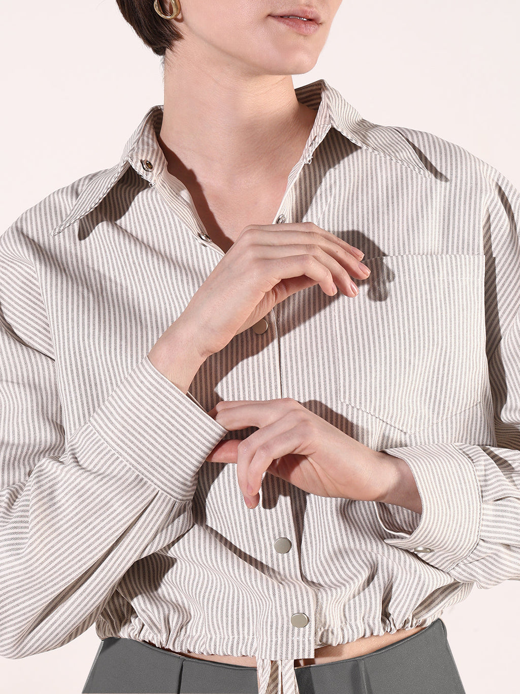 Women's Beige Striped Cotton Shirt Style Crop Top