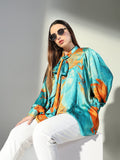 Women's Abstract Print Green Satin Blouse