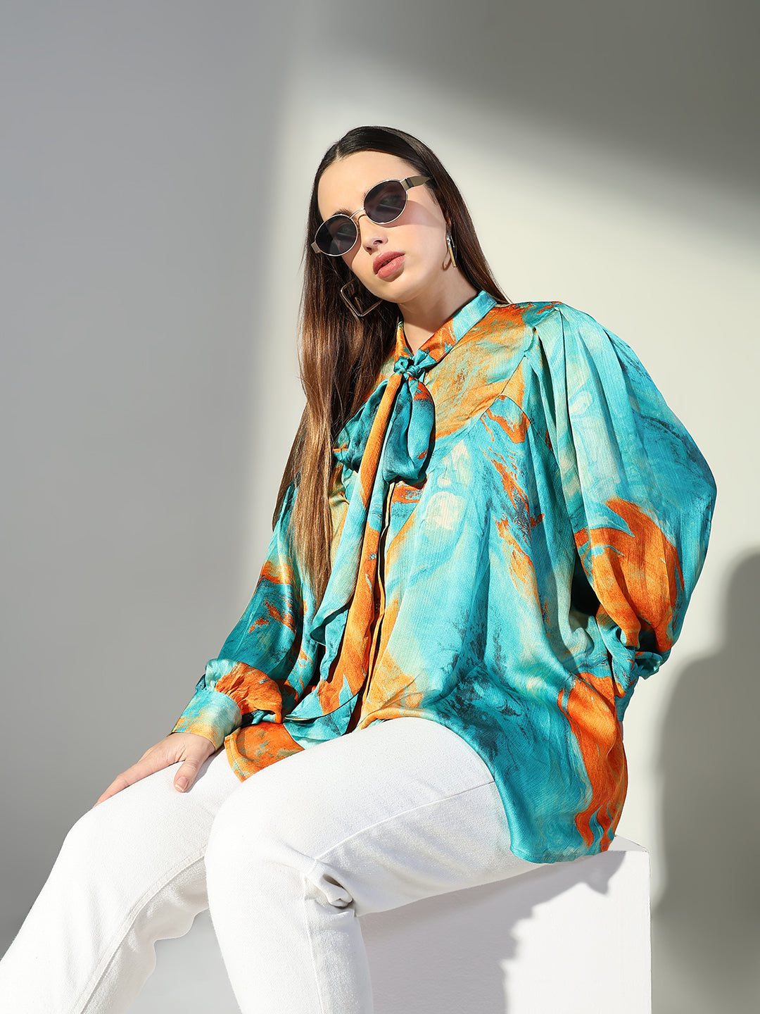 Women's Abstract Print Green Satin Blouse