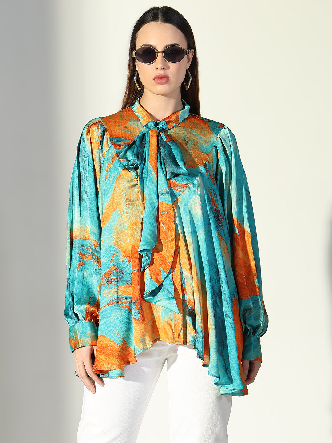 Women's Abstract Print Green Satin Blouse