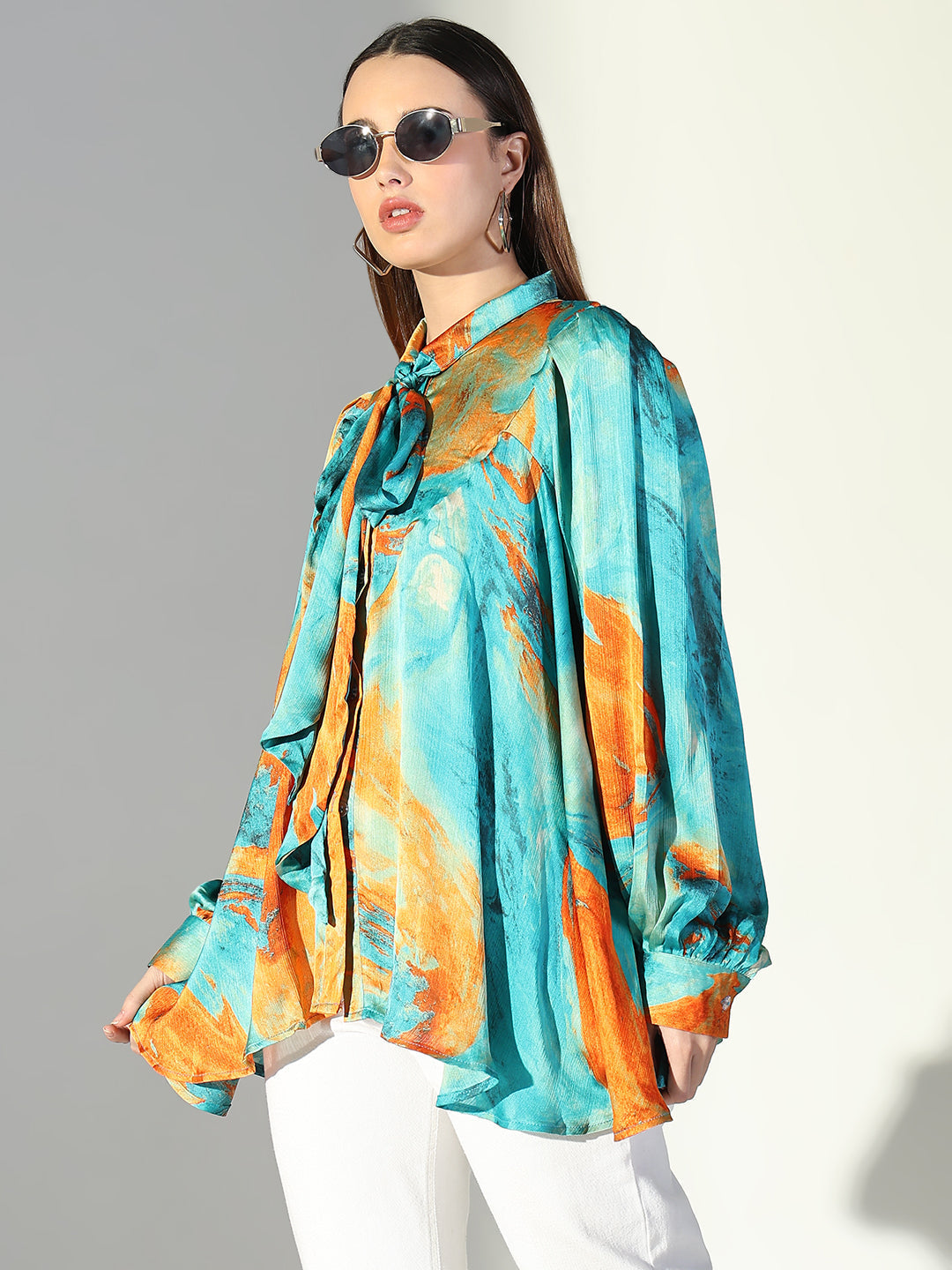 Women's Abstract Print Green Satin Blouse