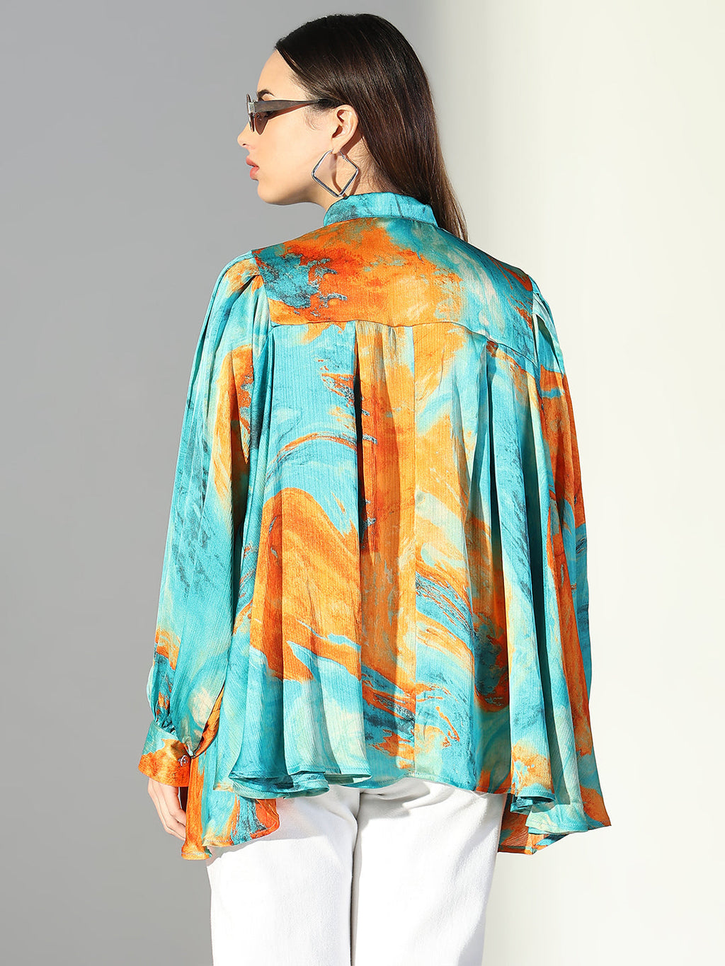 Women's Abstract Print Green Satin Blouse