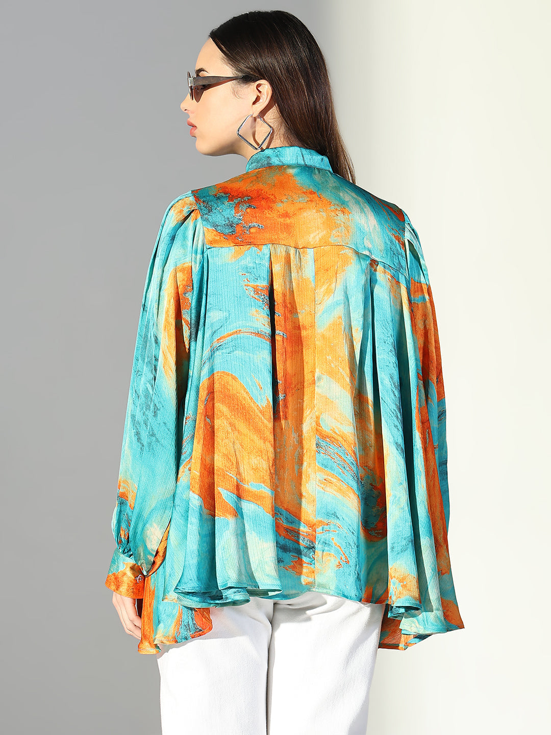 Women's Abstract Print Green Satin Blouse