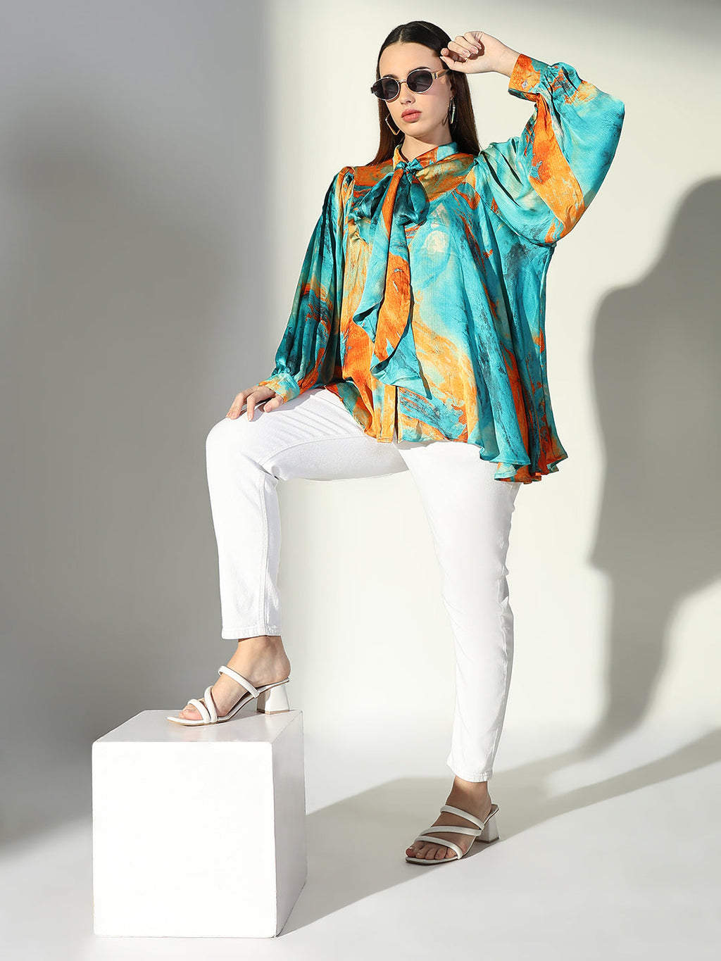 Women's Abstract Print Green Satin Blouse