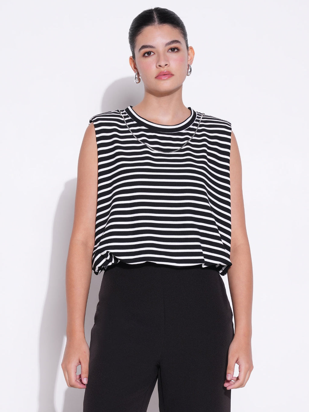 Women's Black Striped Top with Chain