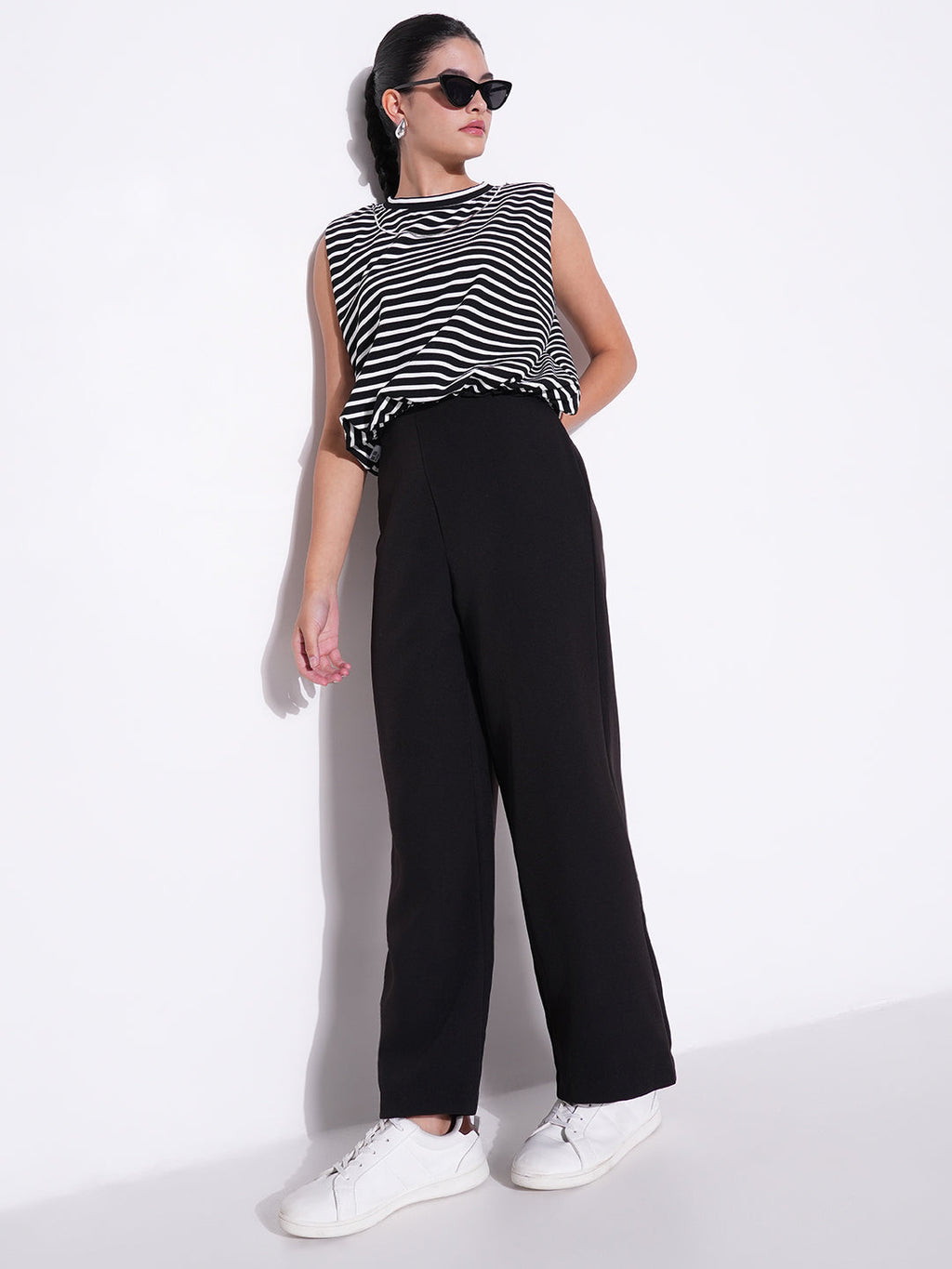 Women's Black Striped Top with Chain