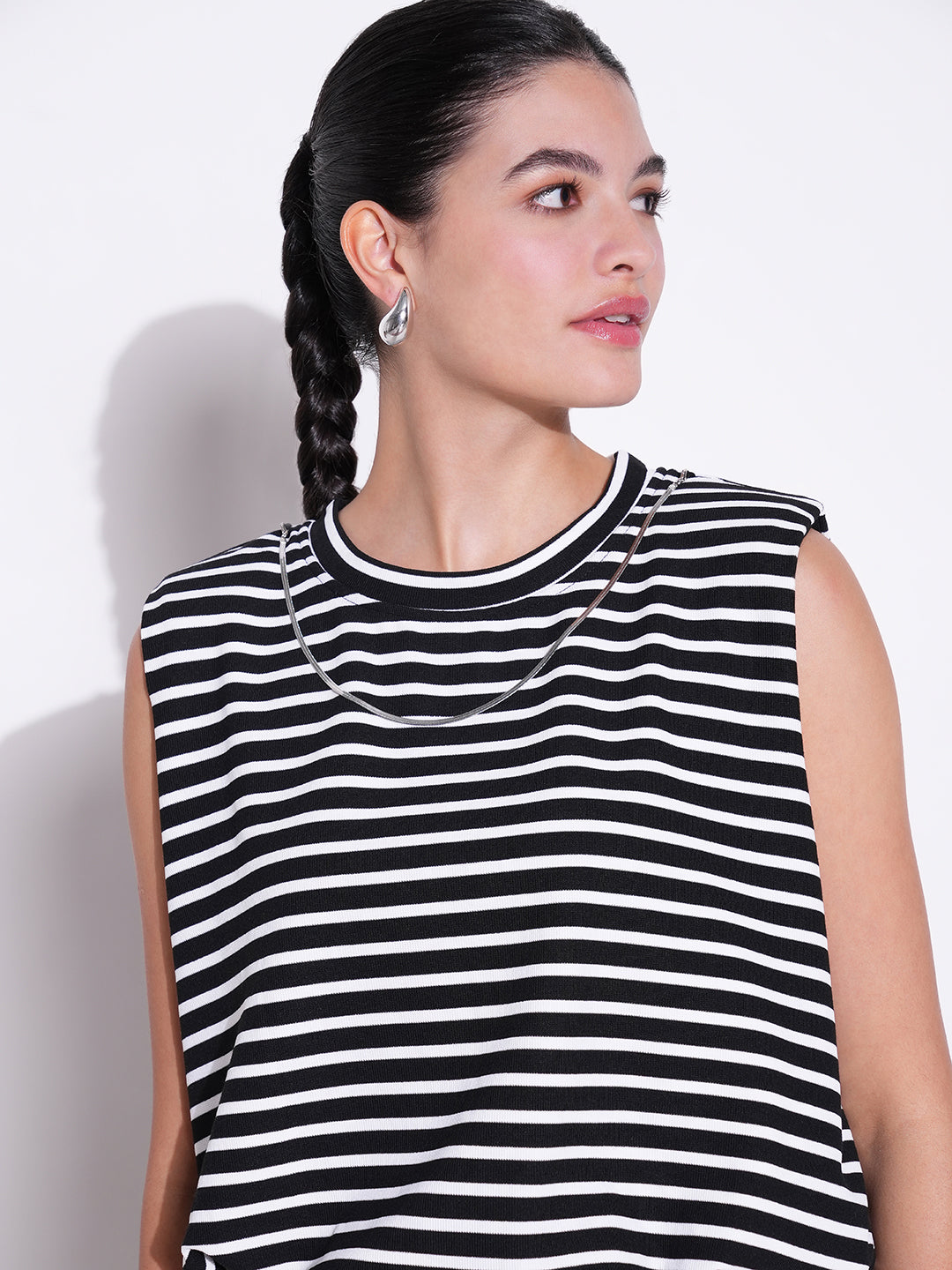 Women's Black Striped Top with Chain