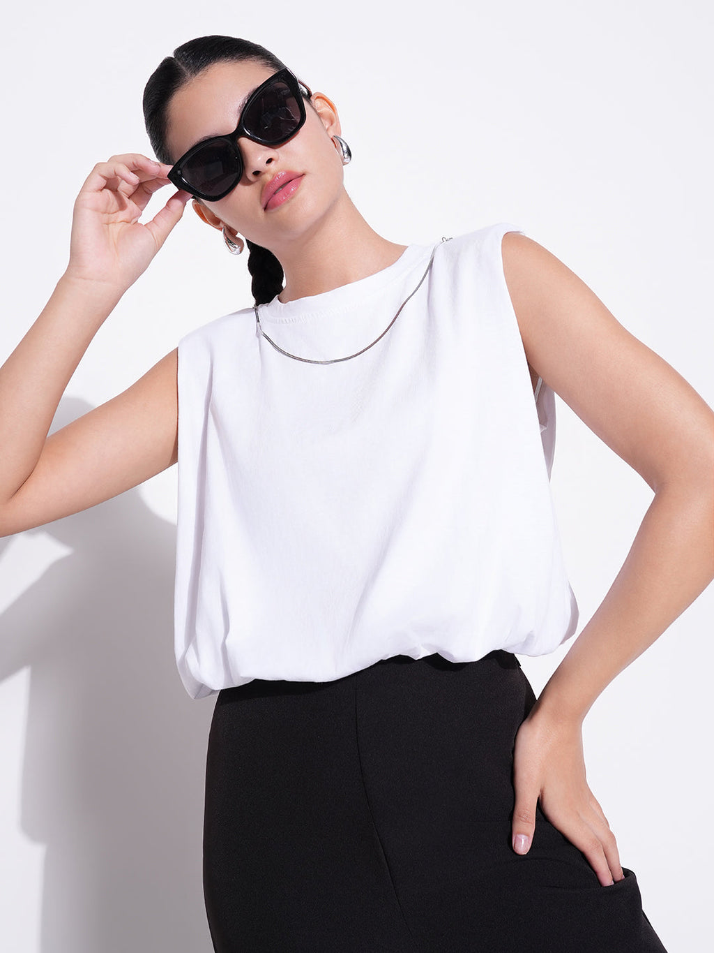 Women's White Solid Top with Chain