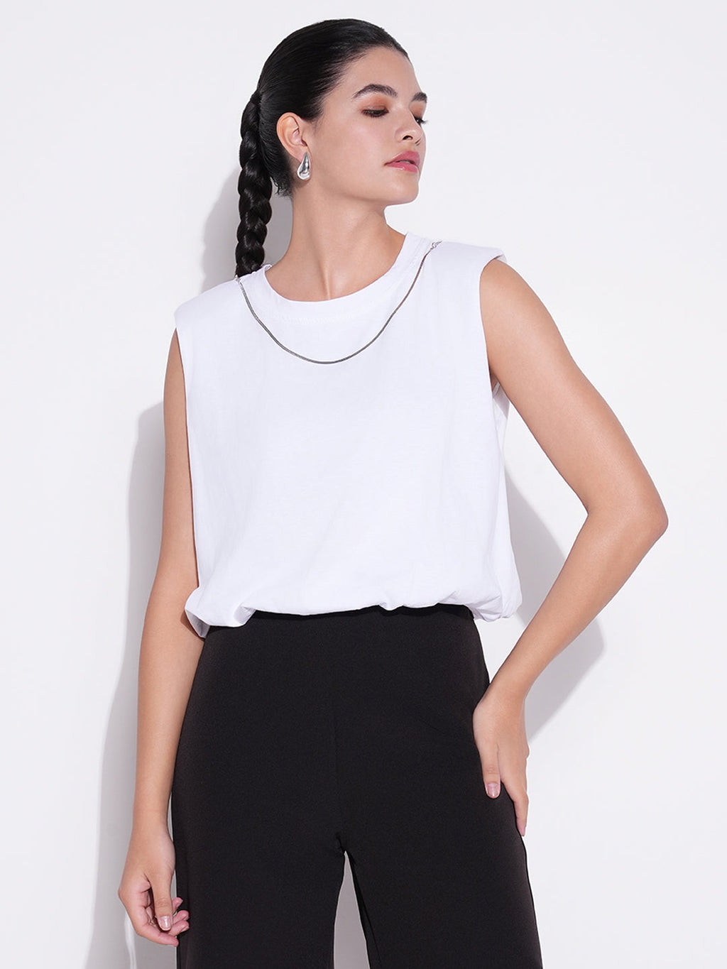 Women's White Solid Top with Chain