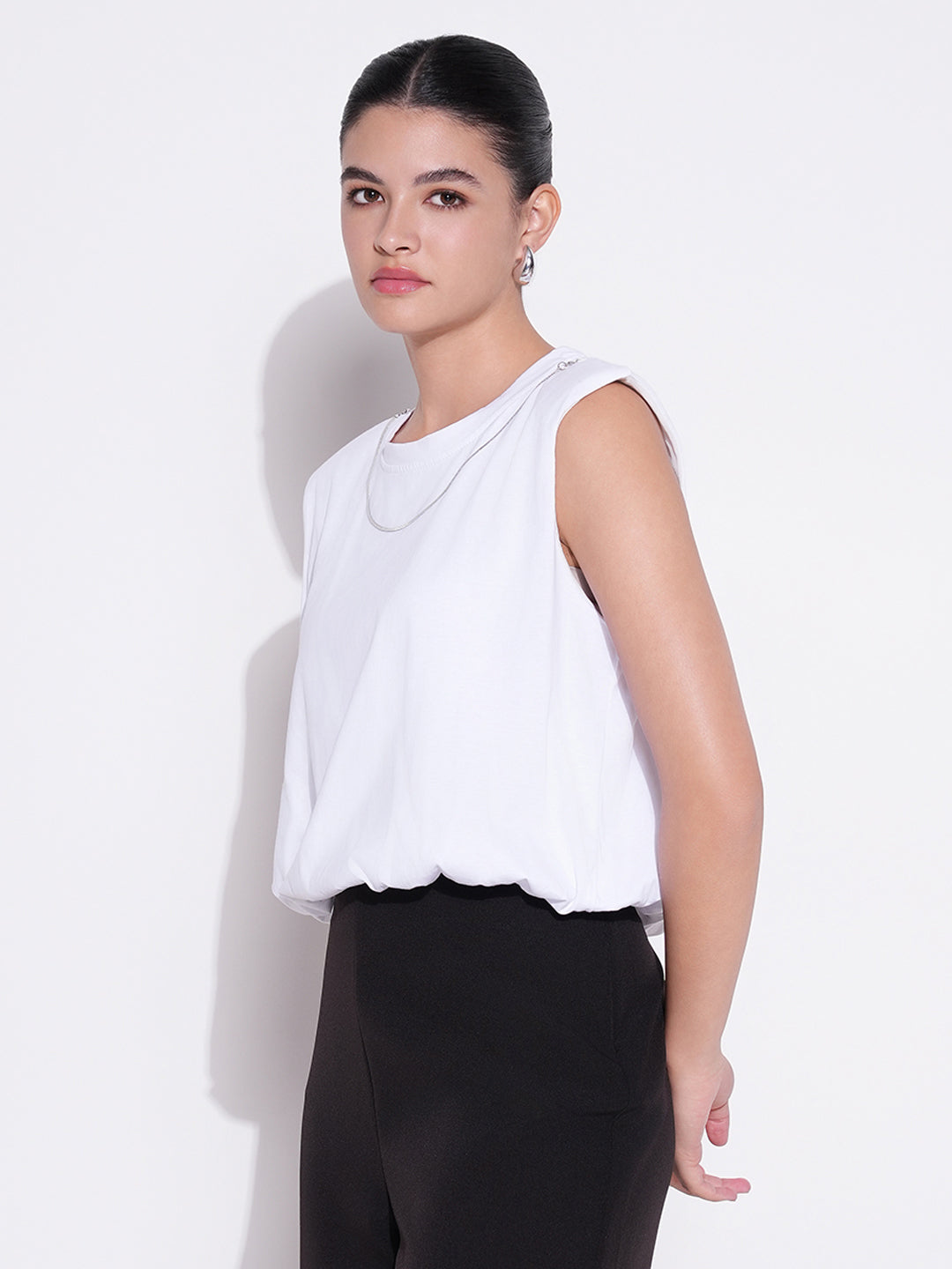 Women's White Solid Top with Chain
