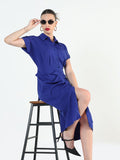 Women's Blue Shirt Style Draped Midi Dress
