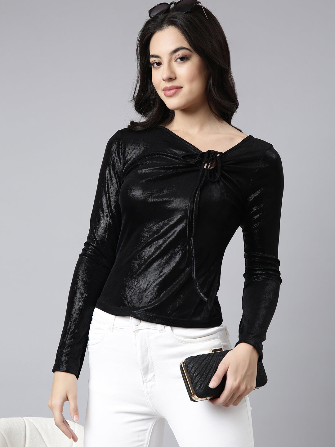 Women's Black Tie-Up Neck Fitted Top