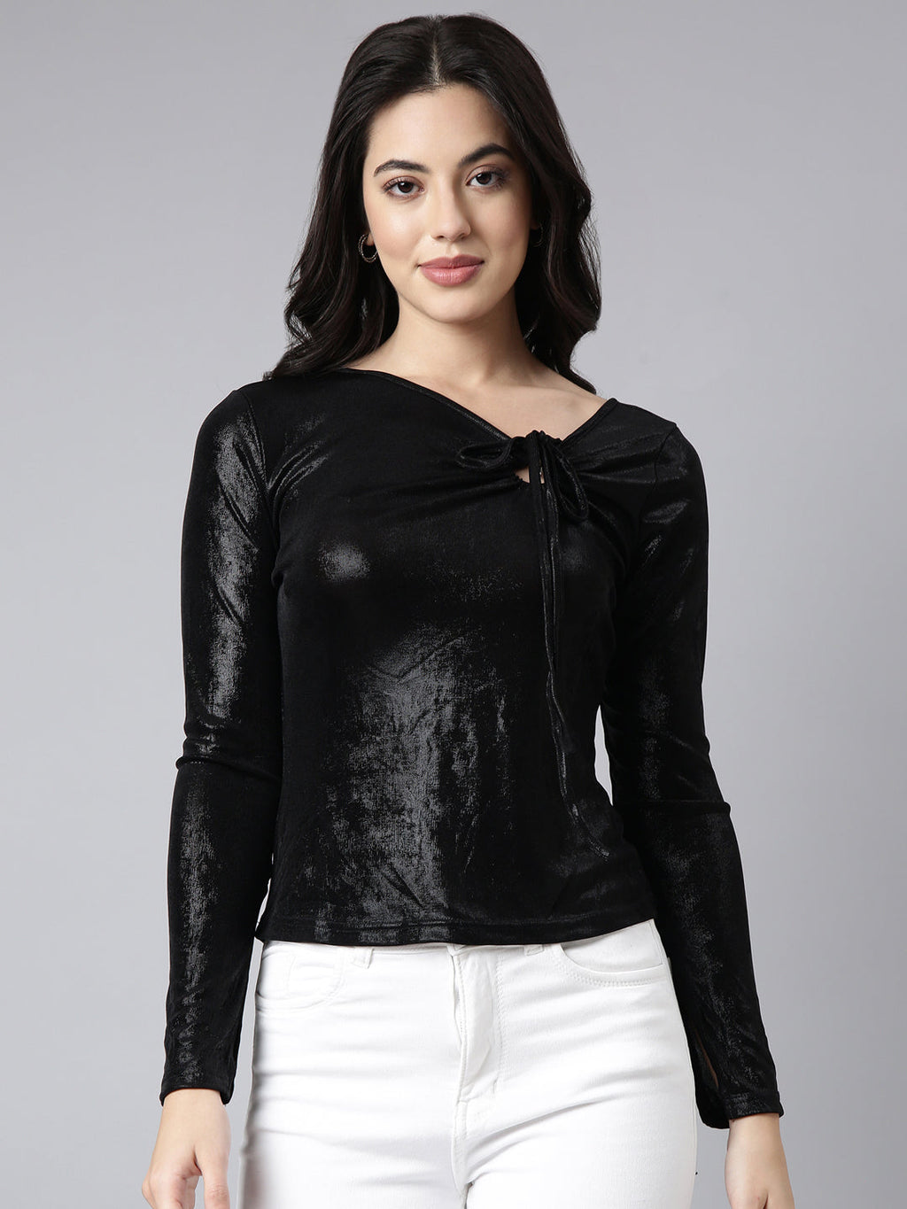 Women's Black Tie-Up Neck Fitted Top