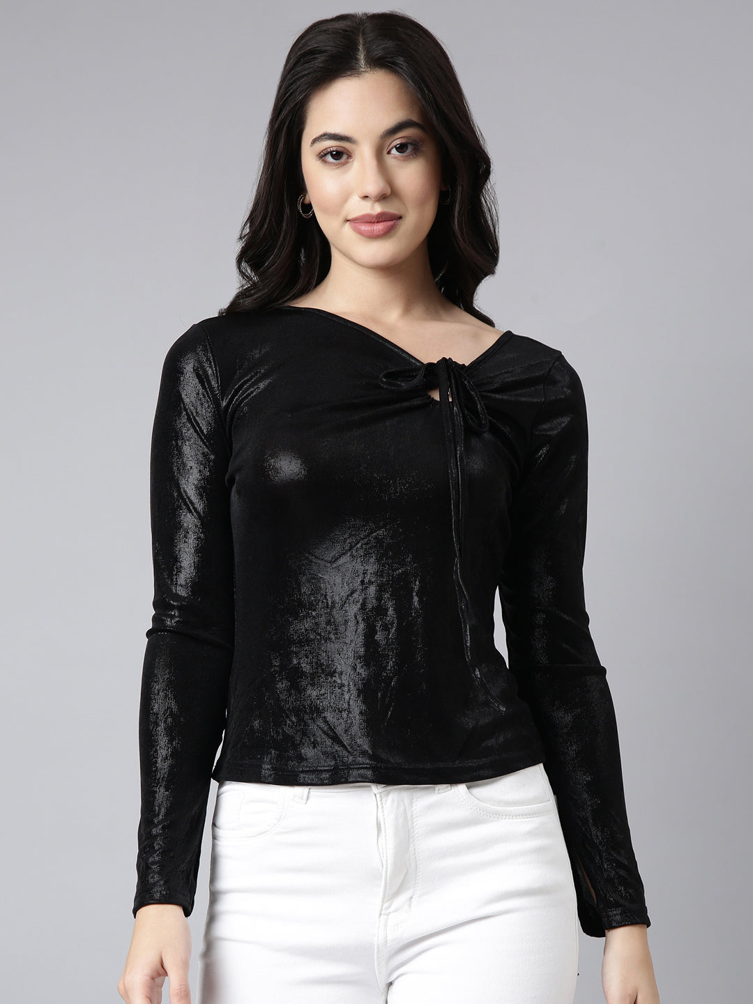 Women's Black Tie-Up Neck Fitted Top