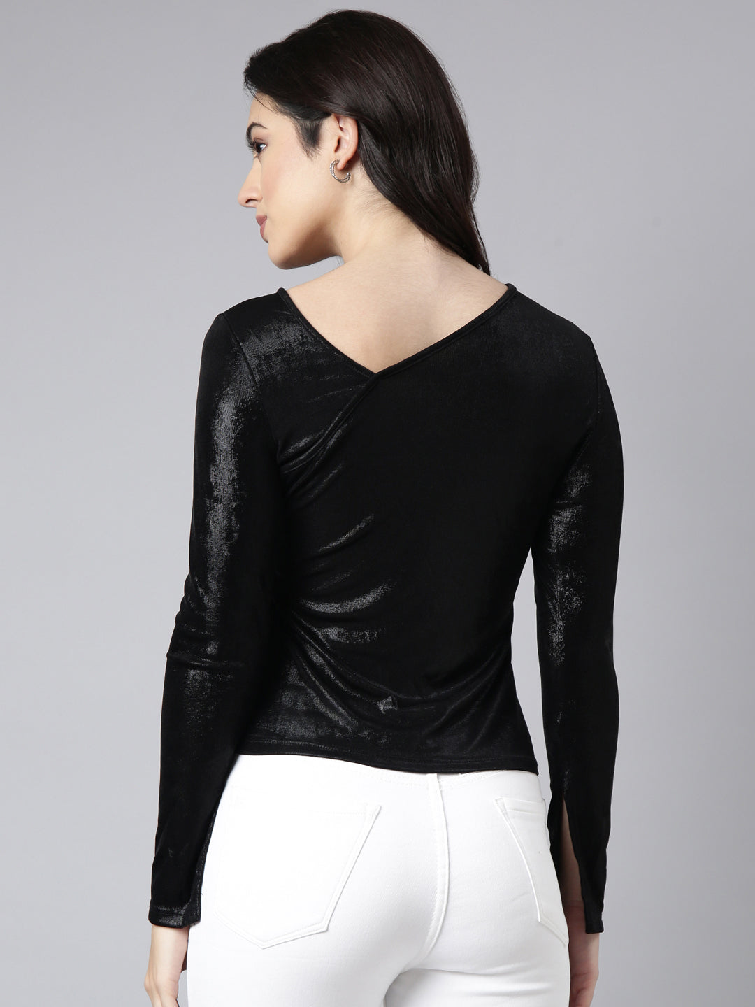 Women's Black Tie-Up Neck Fitted Top
