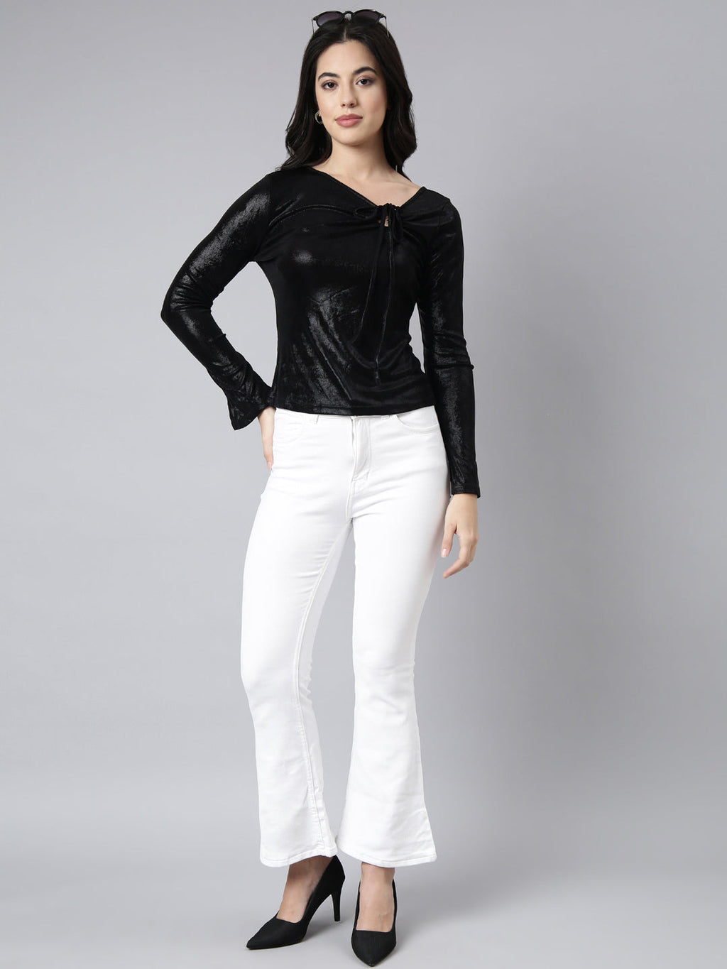 Women's Black Tie-Up Neck Fitted Top