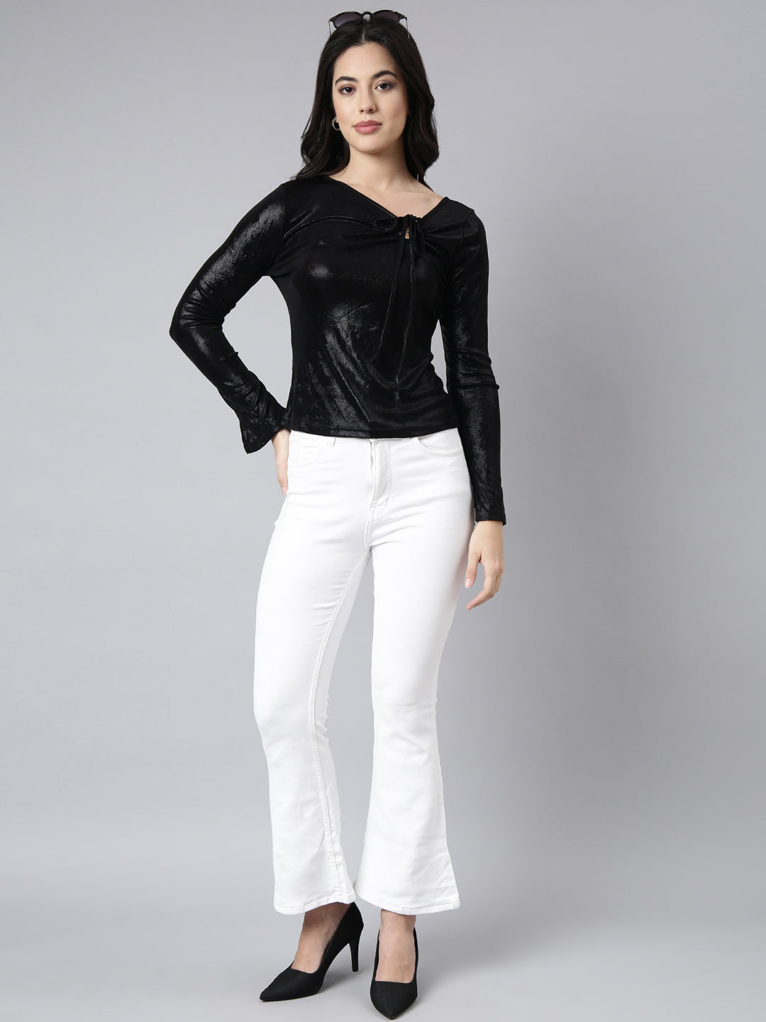 Women's Black Tie-Up Neck Fitted Top