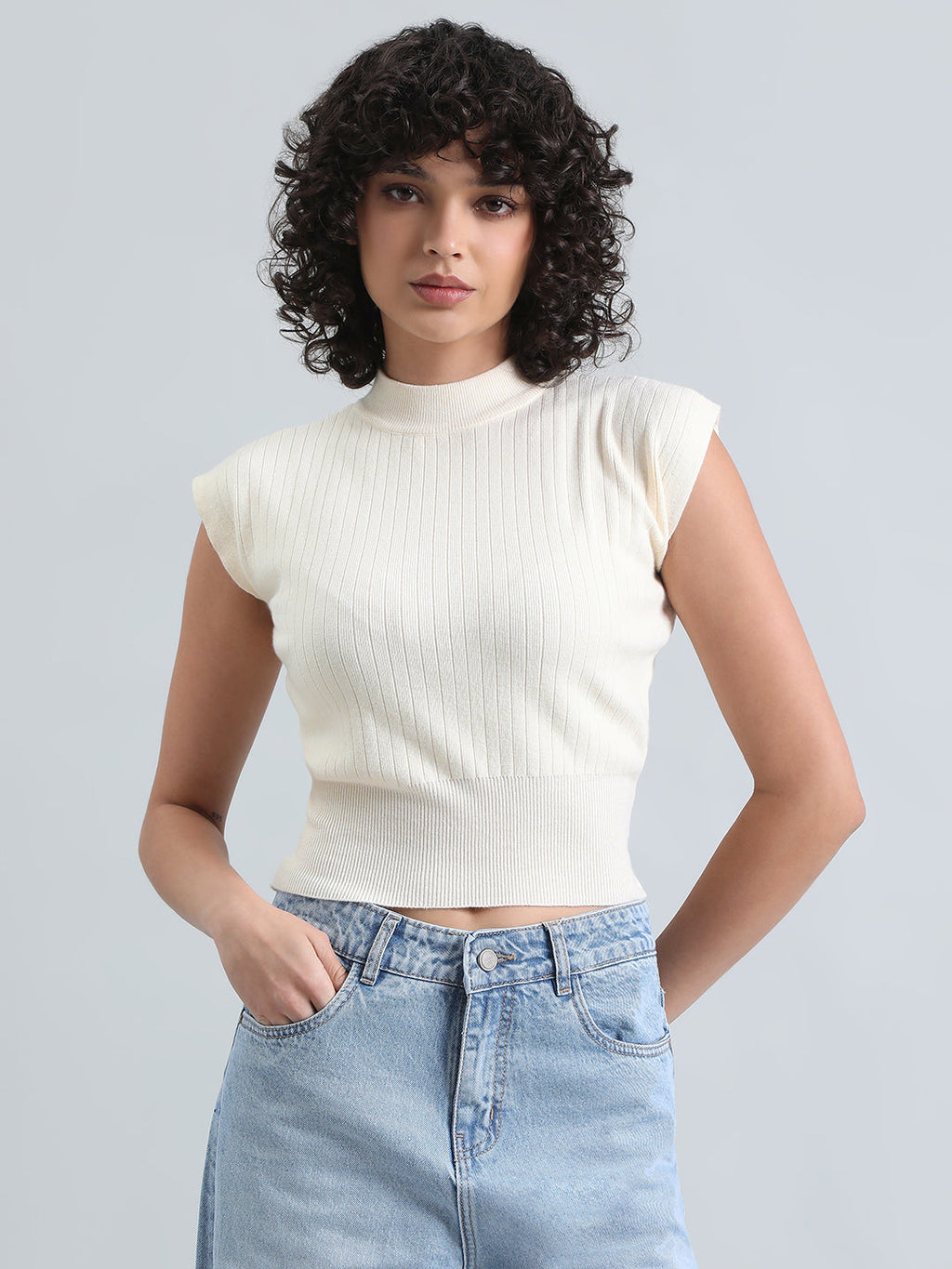 Women's Cream Ribbed Mock Neck Sleeveless Top