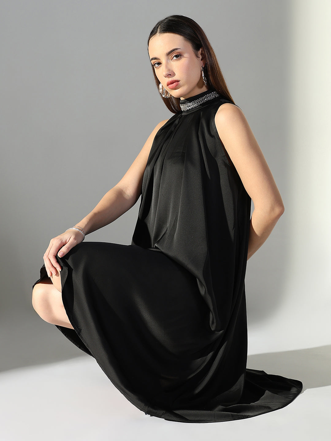 Women's Embellished Neck Black Pleated Midi Dress