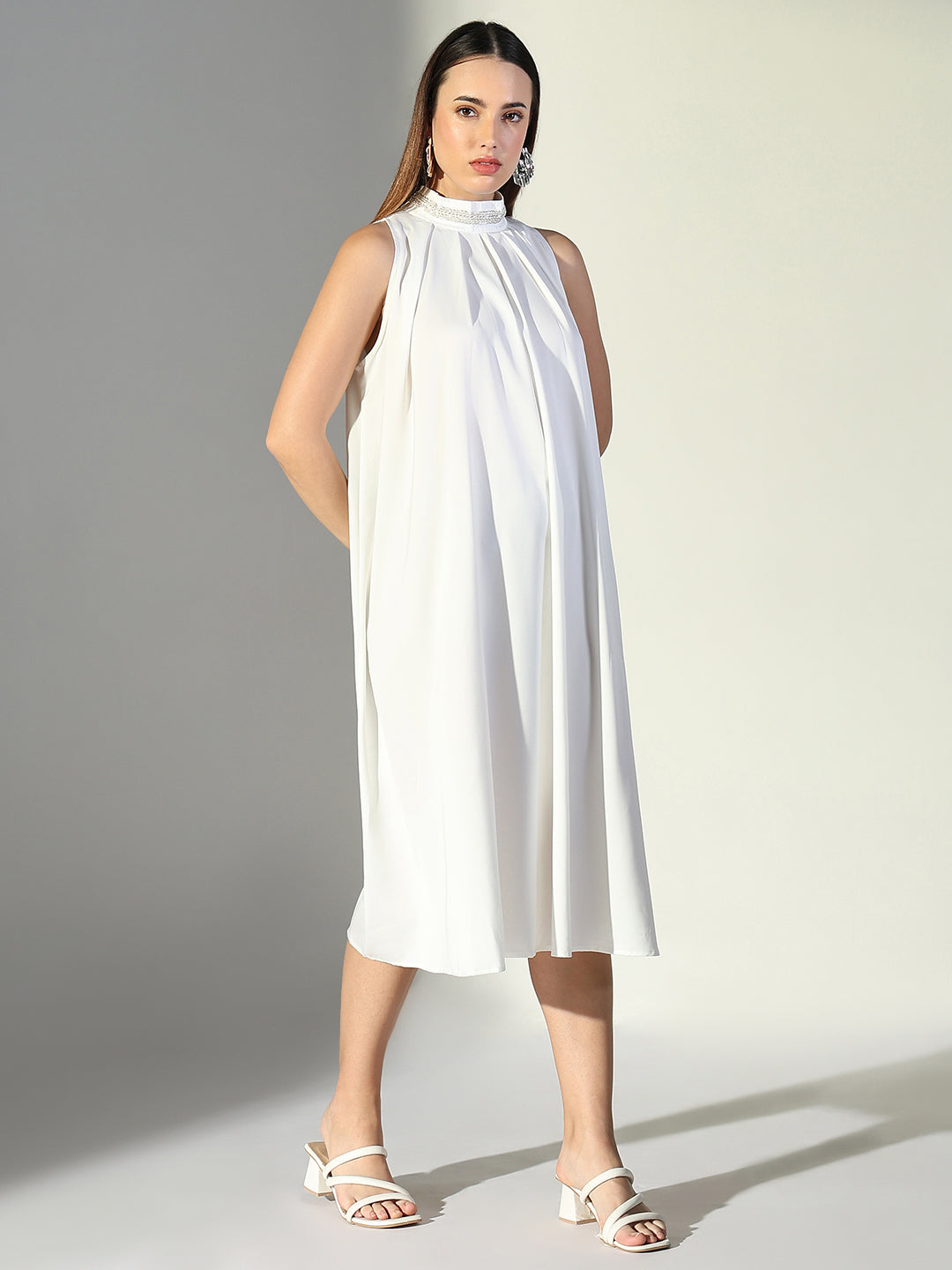 Women's Embellished Neck White Pleated Midi Dress