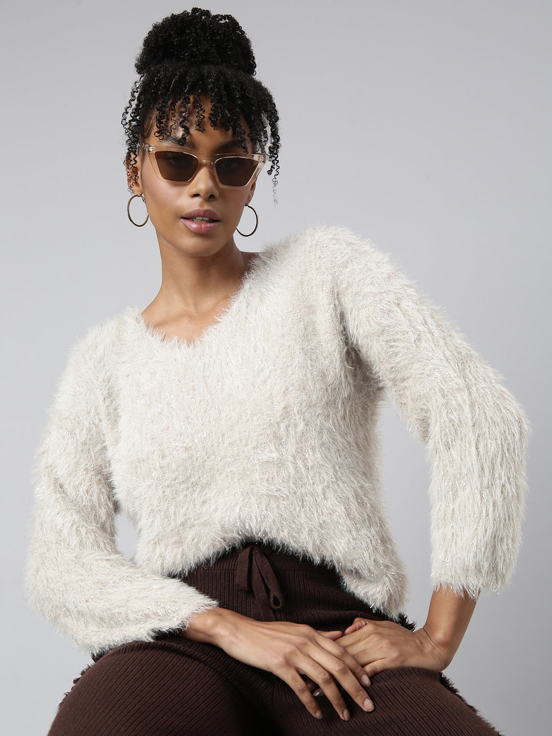 Women's Beige Self Design V-Neck Faux Fur Top
