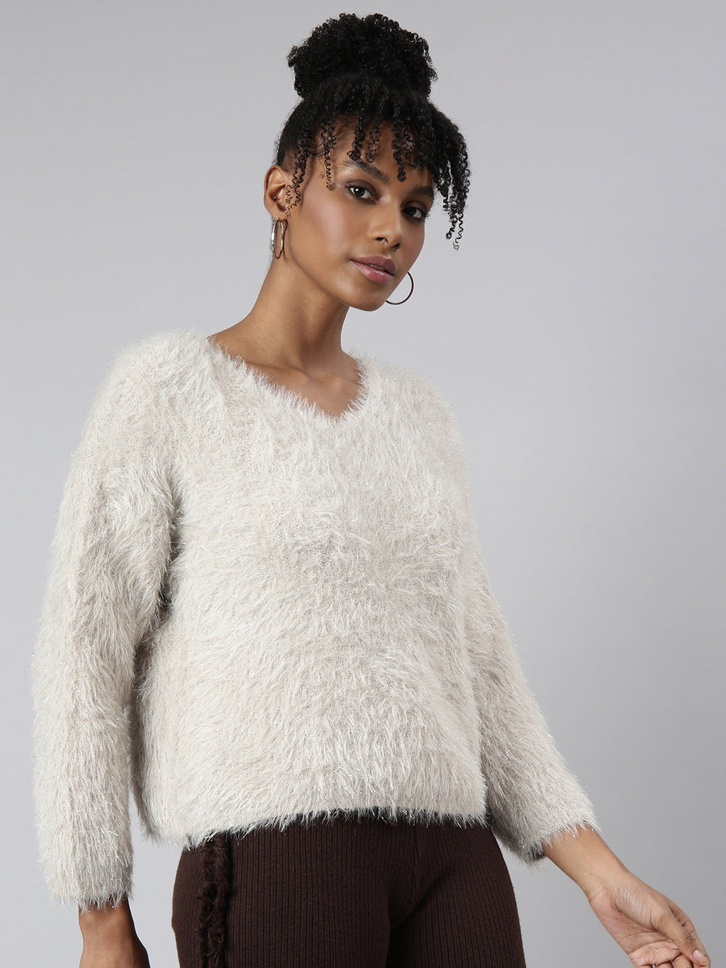 Women's Beige Self Design V-Neck Faux Fur Top