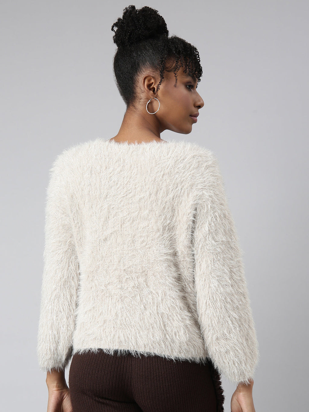 Women's Beige Self Design V-Neck Faux Fur Top