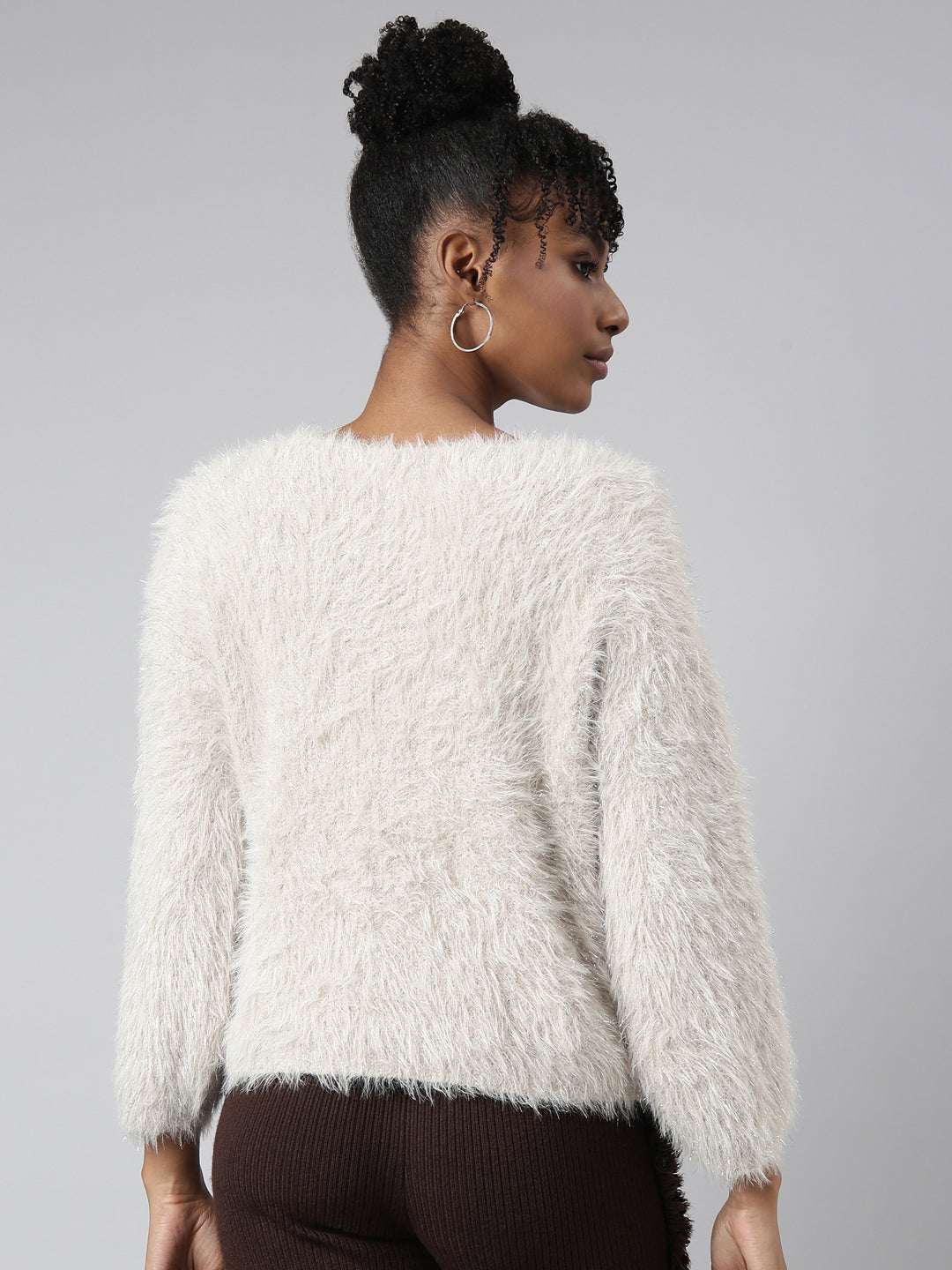 Women's Beige Self Design V-Neck Faux Fur Top