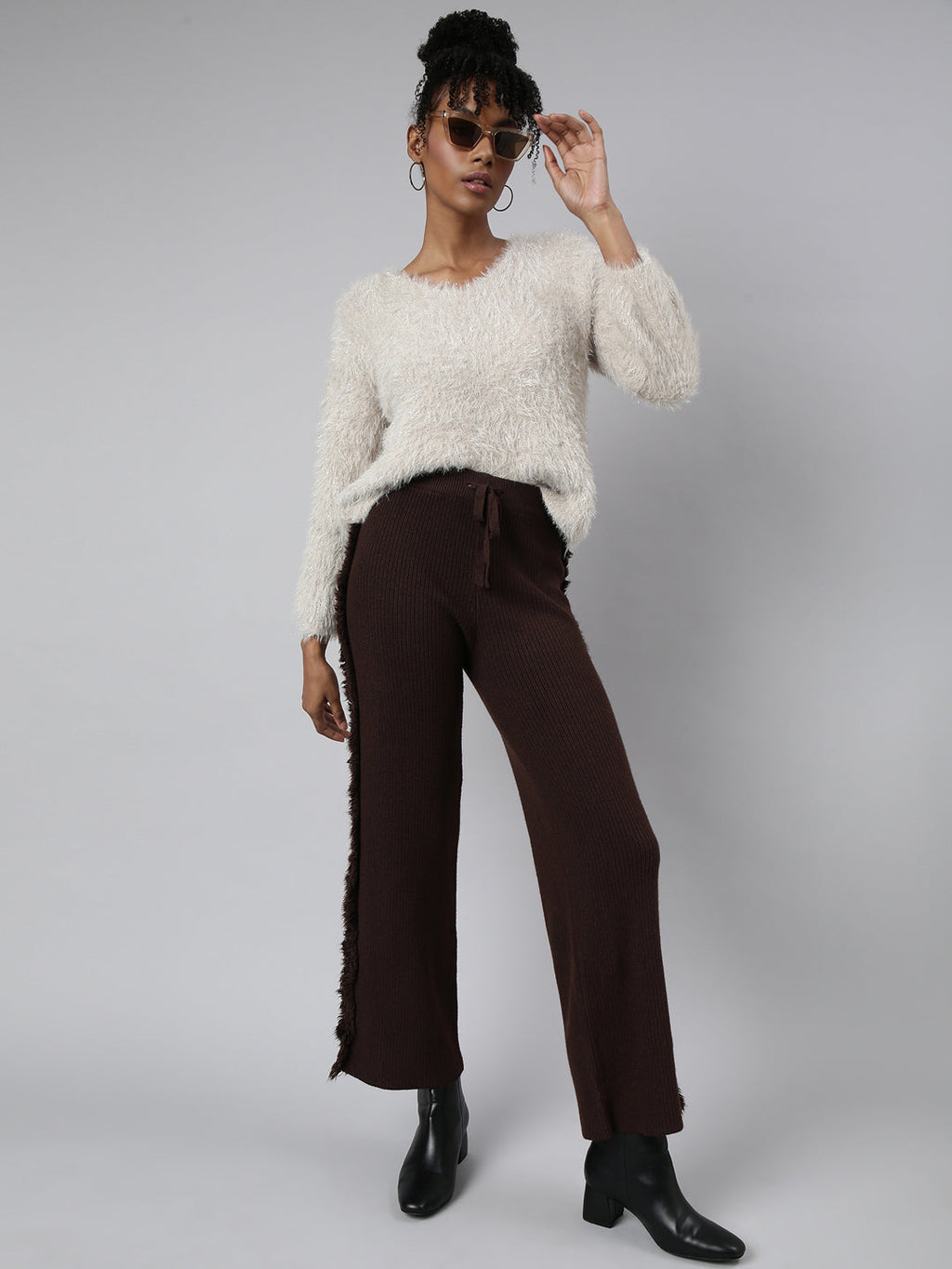 Women's Beige Self Design V-Neck Faux Fur Top