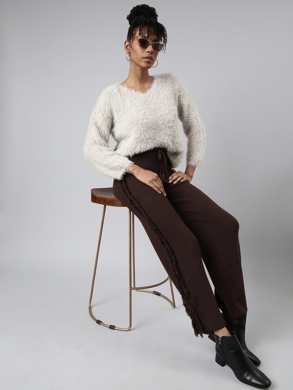 Women's Beige Self Design V-Neck Faux Fur Top