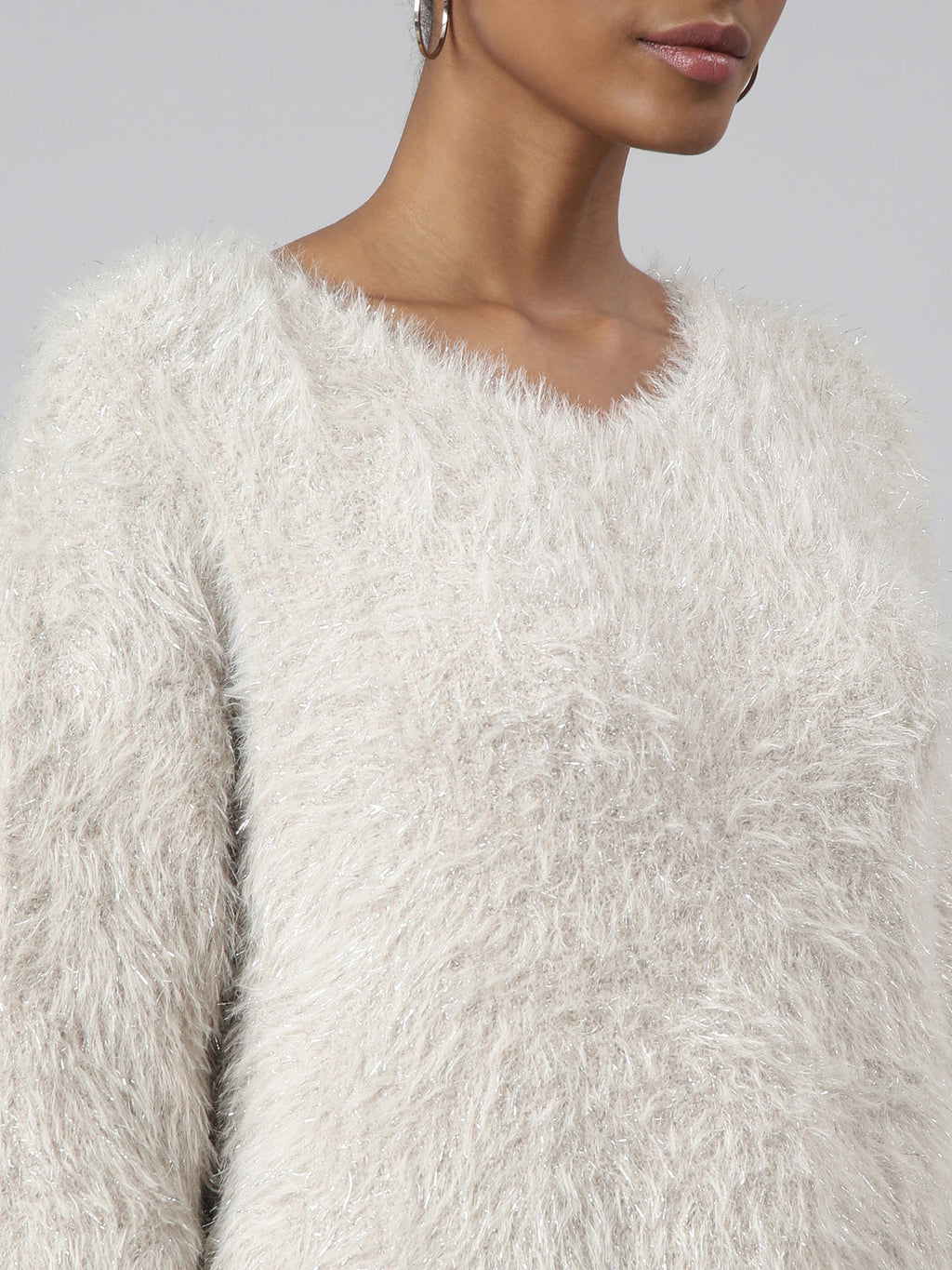 Women's Beige Self Design V-Neck Faux Fur Top