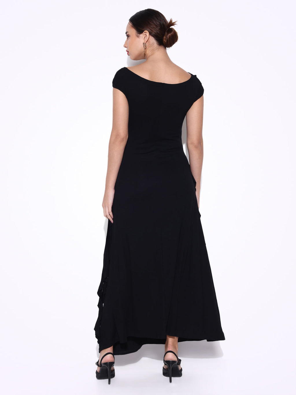 Women's Ruched Black off Shoulder Dress with Flower Ruffles