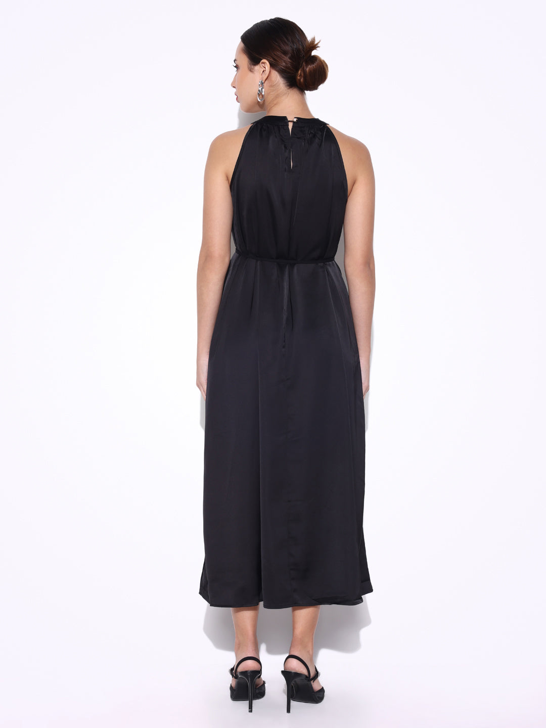 Women's Embellished Neck Black Dress with Waist Tie