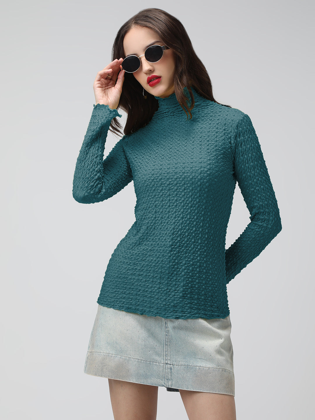 Women's Turquoise Blue Textured Sheer High Neck Top