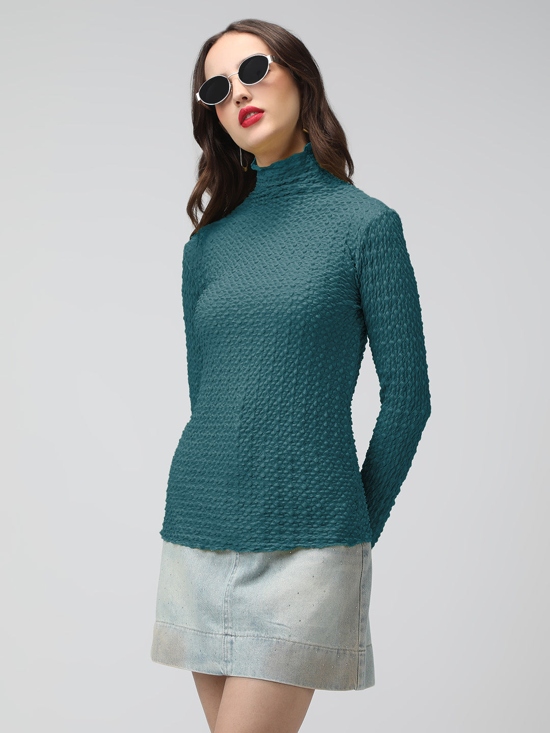 Women's Turquoise Blue Textured Sheer High Neck Top