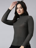Women's Grey Self Design High Neck Long Sleeves Opaque Fitted Casual Top