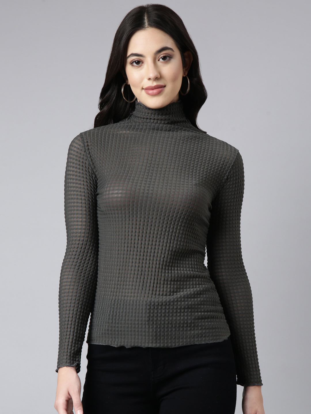 Women's Grey Self Design High Neck Long Sleeves Opaque Fitted Casual Top