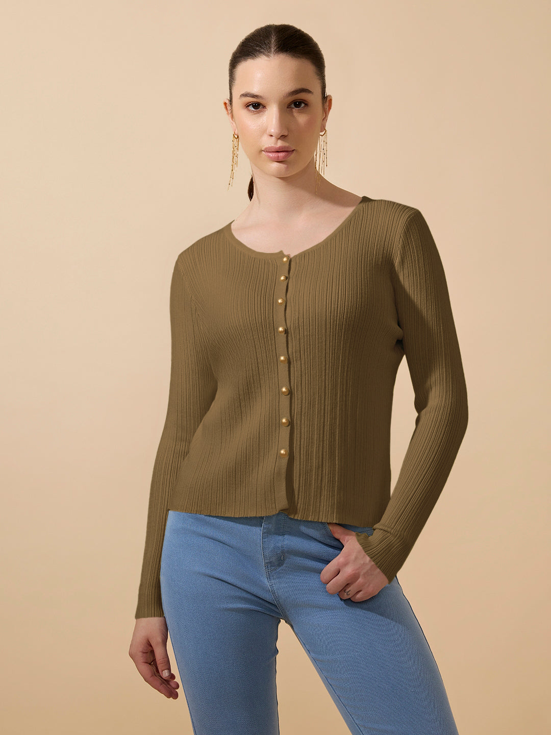 Women's Ribbed Olive Full Sleeves Top with Gold Buttons