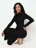 Women's Black Long Sleeve Ruched Bodycon Maxi Dress with Ruffles