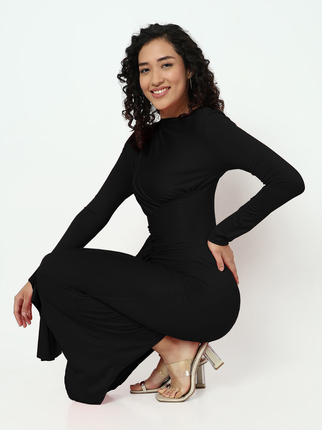 Women's Black Long Sleeve Ruched Bodycon Maxi Dress with Ruffles
